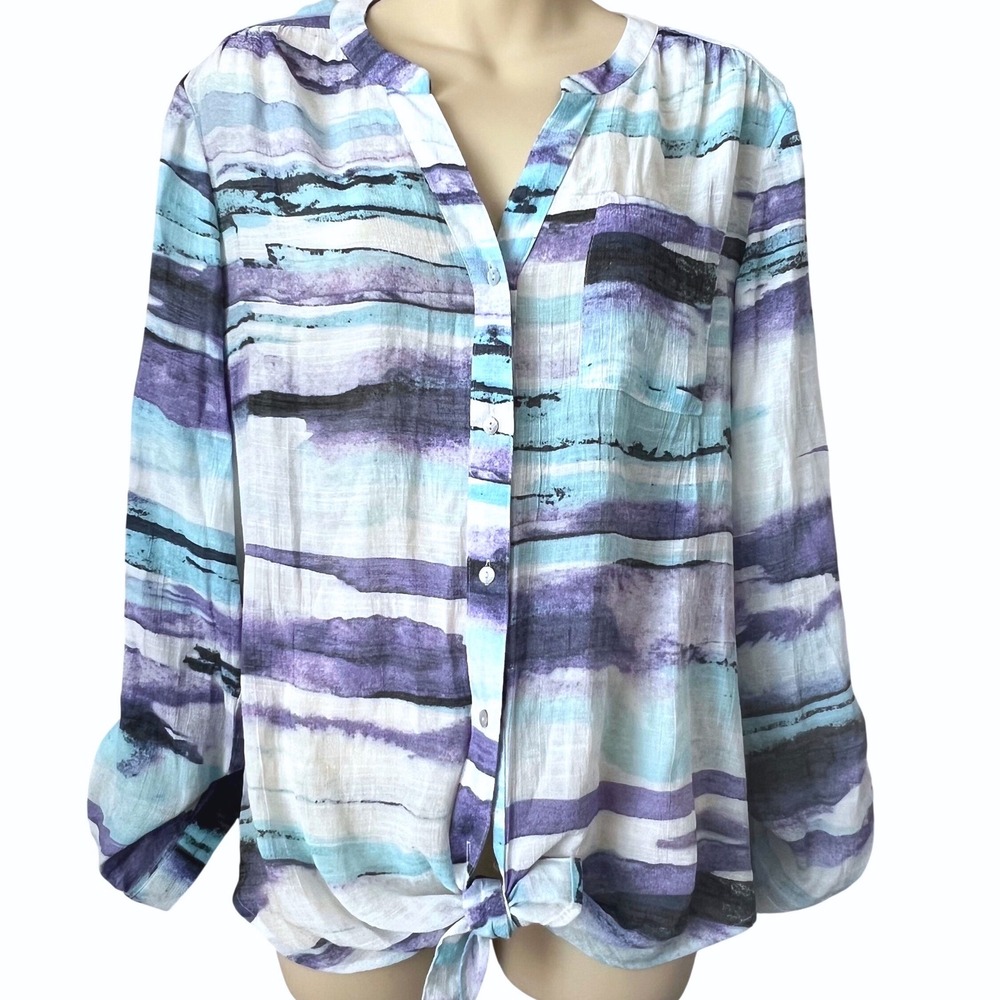 Zac & Rachel Tie Front Button Down Top Sz L Boho‎ Coastal Resort Wear Linen Feel